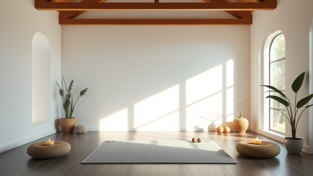 Peaceful meditation space with soft lighting and natural elements, representing inner harmony and wellness journey, no text no words no letters