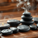 Smooth volcanic stones arranged peacefully on natural wood surface with soft candlelight and gentle steam rising creating serene spa atmosphere no text no words no letters