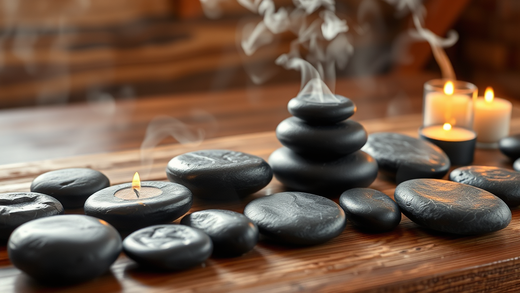 Smooth volcanic stones arranged peacefully on natural wood surface with soft candlelight and gentle steam rising creating serene spa atmosphere no text no words no letters