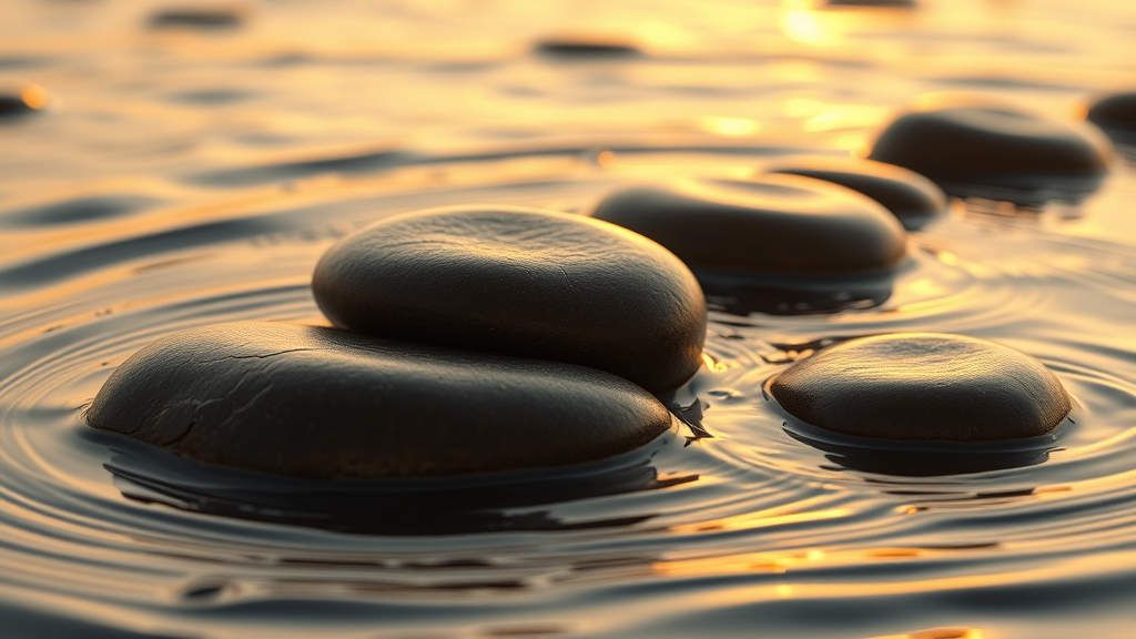 Close up of smooth basalt stones in warm water with gentle ripples and soft golden lighting creating tranquil meditation atmosphere no text no words no letters