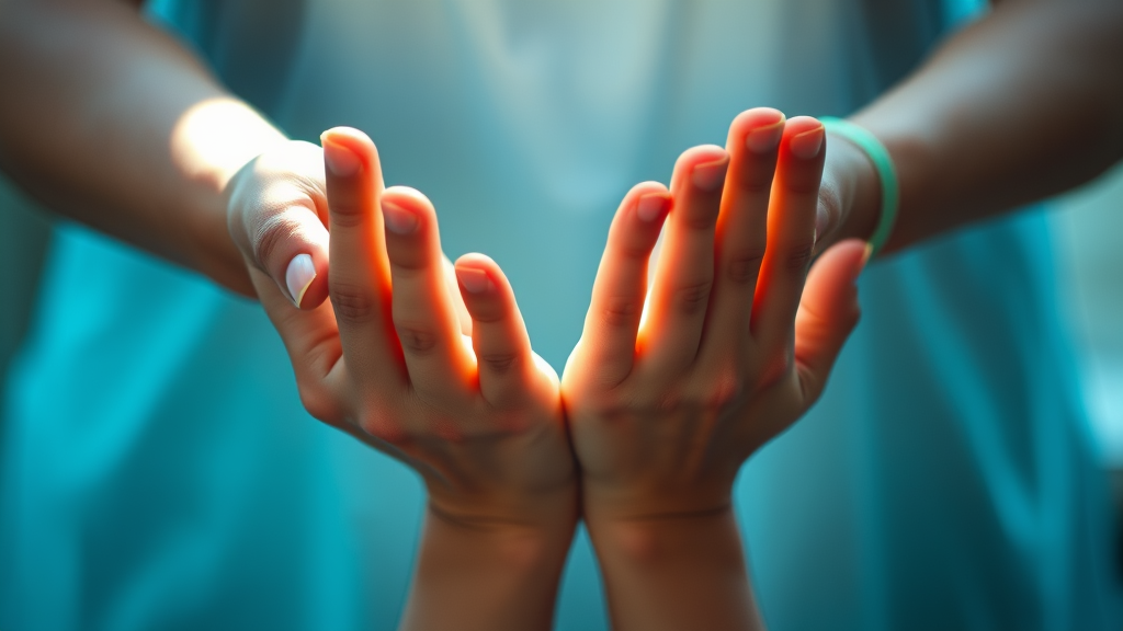 Gentle hands supporting healing journey with soft natural lighting and calming blue tones representing wellness and recovery no text no words no letters