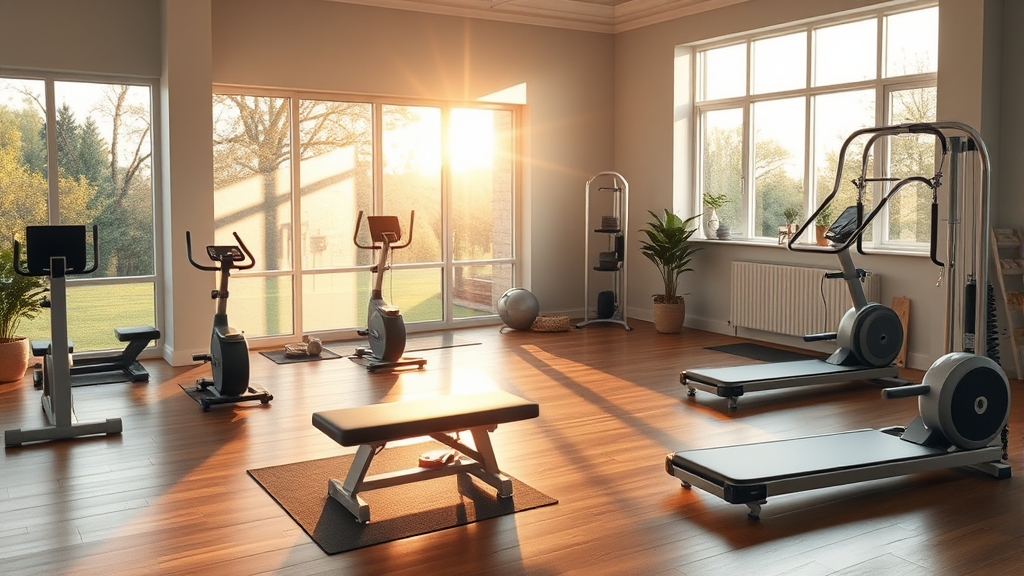 Peaceful therapy room with exercise equipment bathed in warm natural light creating serene healing environment no text no words no letters