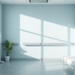 Peaceful healthcare setting with soft natural lighting, calming blue and green tones, medical wellness concept, serene atmosphere, no text no words no letters