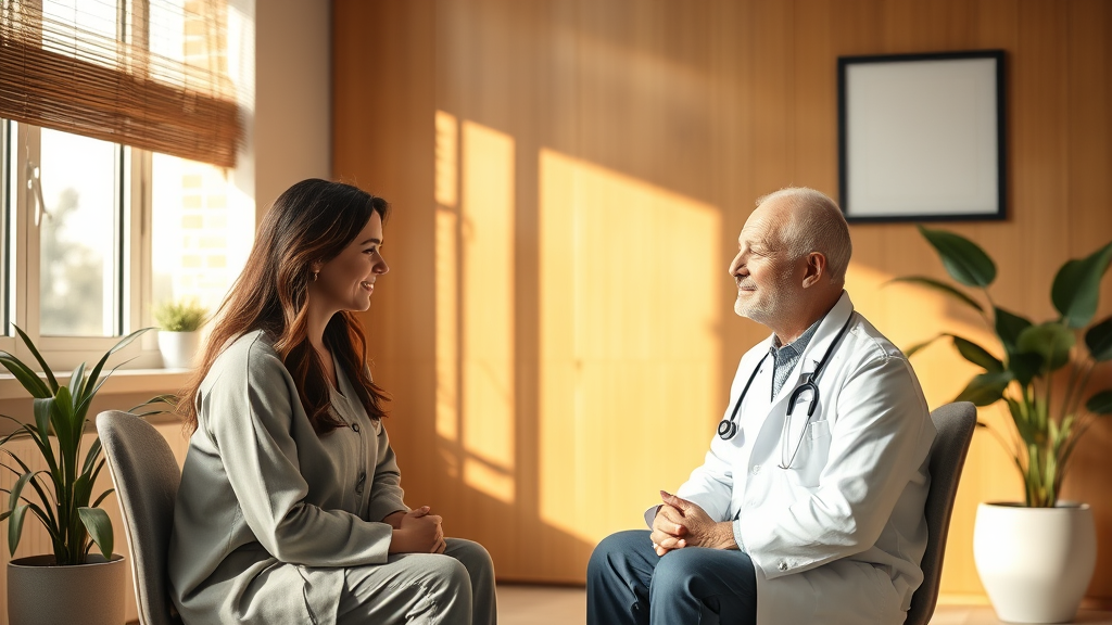 Peaceful medical consultation setting, warm natural lighting, healing environment, professional yet comforting atmosphere, no text no words no letters