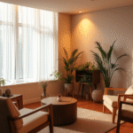 Peaceful therapy setting with warm lighting, comfortable chairs, soft colors, plants, serene atmosphere, no text no words no letters