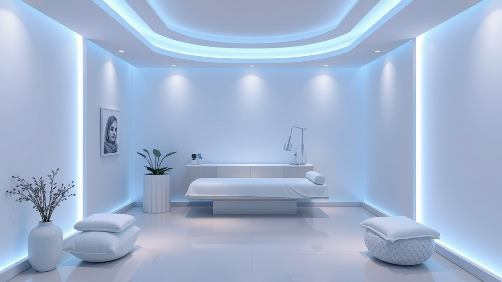 Peaceful healing chamber with soft blue lighting, serene medical environment, calming atmosphere, wellness concept, no text no words no letters