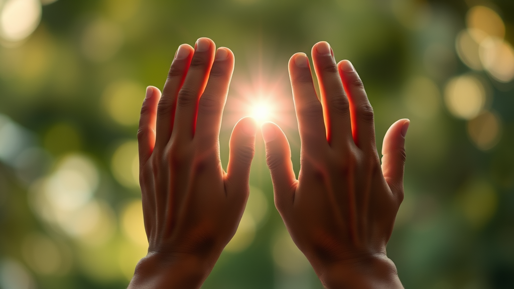 Gentle hands reaching toward healing light, therapeutic setting, soft natural tones, recovery symbolism, no text no words no letters