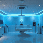 Peaceful medical chamber with soft blue lighting and calming atmosphere representing healing and wellness no text no words no letters