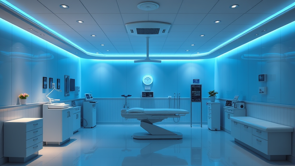 Peaceful medical chamber with soft blue lighting and calming atmosphere representing healing and wellness no text no words no letters