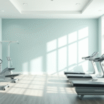 Peaceful rehabilitation gym with soft natural lighting, modern equipment, calming blue and green tones, serene healing environment, no text no words no letters
