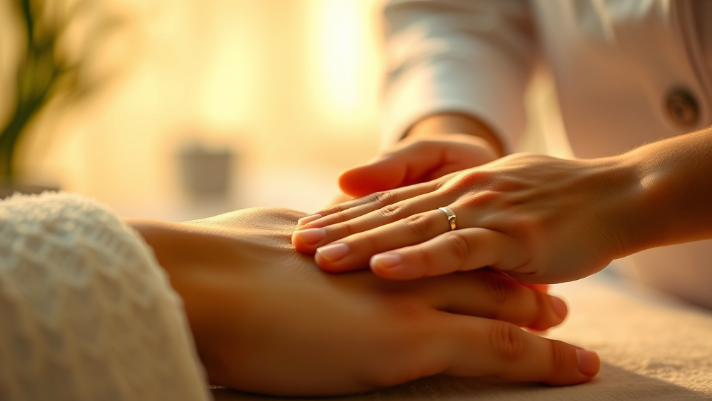 Gentle hands providing therapeutic treatment, warm lighting, peaceful clinical setting, healing touch concept, soft focus, no text no words no letters