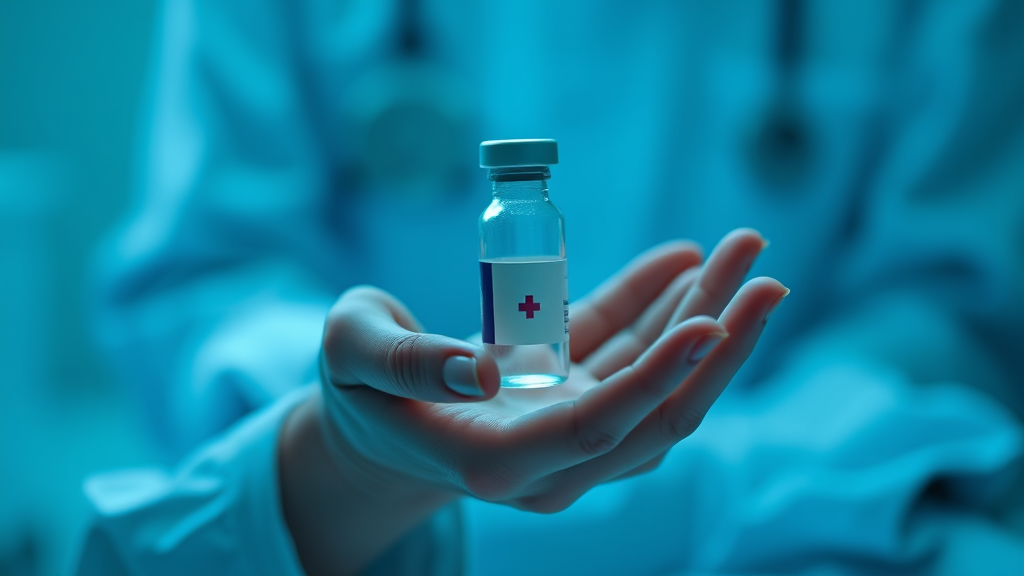 Peaceful medical setting with soft blue lighting, gentle hands holding medical vial, serene atmosphere, healing concept, no text no words no letters