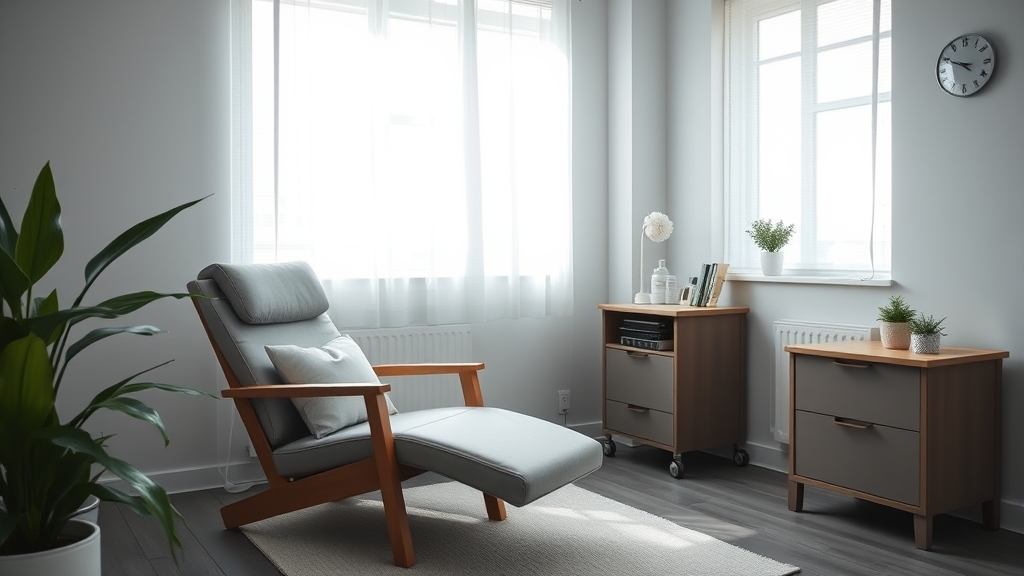 Tranquil therapy room with comfortable chair, soft natural lighting, peaceful medical environment, wellness focus, no text no words no letters