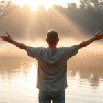 Person standing at peaceful lakeside with arms open wide, soft morning light filtering through trees, serene and hopeful atmosphere, no text no words no letters