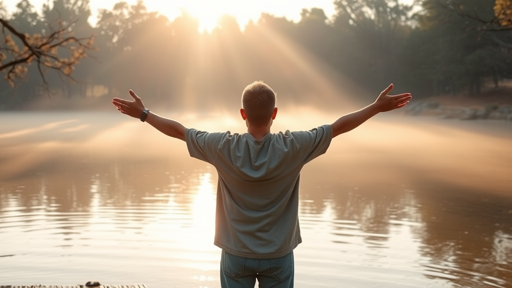 Person standing at peaceful lakeside with arms open wide, soft morning light filtering through trees, serene and hopeful atmosphere, no text no words no letters