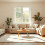 Warm sunlit living room with soft cushions, gentle natural lighting, peaceful home environment, calming colors, cozy family space, no text no words no letters