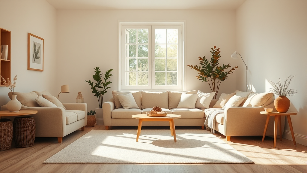 Warm sunlit living room with soft cushions, gentle natural lighting, peaceful home environment, calming colors, cozy family space, no text no words no letters