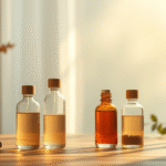 Soft natural lighting illuminating gentle musk essence bottles with calming earth tones peaceful meditation space serene wellness atmosphere no text no words no letters