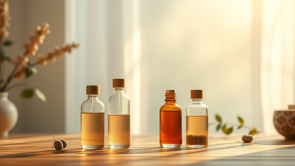 Soft natural lighting illuminating gentle musk essence bottles with calming earth tones peaceful meditation space serene wellness atmosphere no text no words no letters