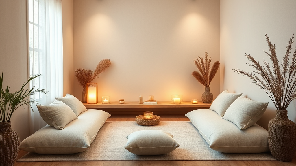 Minimalist therapy room with natural elements soft cushions warm lighting creating tranquil aromatherapy session space peaceful calming environment no text no words no letters