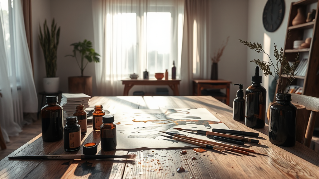 Serene therapy room with natural lighting ink bottles brushes scattered on wooden table with flowing ink artwork drying peacefully no text no words no letters