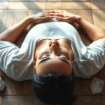 Peaceful person lying on wooden surface surrounded by soft natural light and healing crystals representing spinal wellness and pain relief no text no words no letters