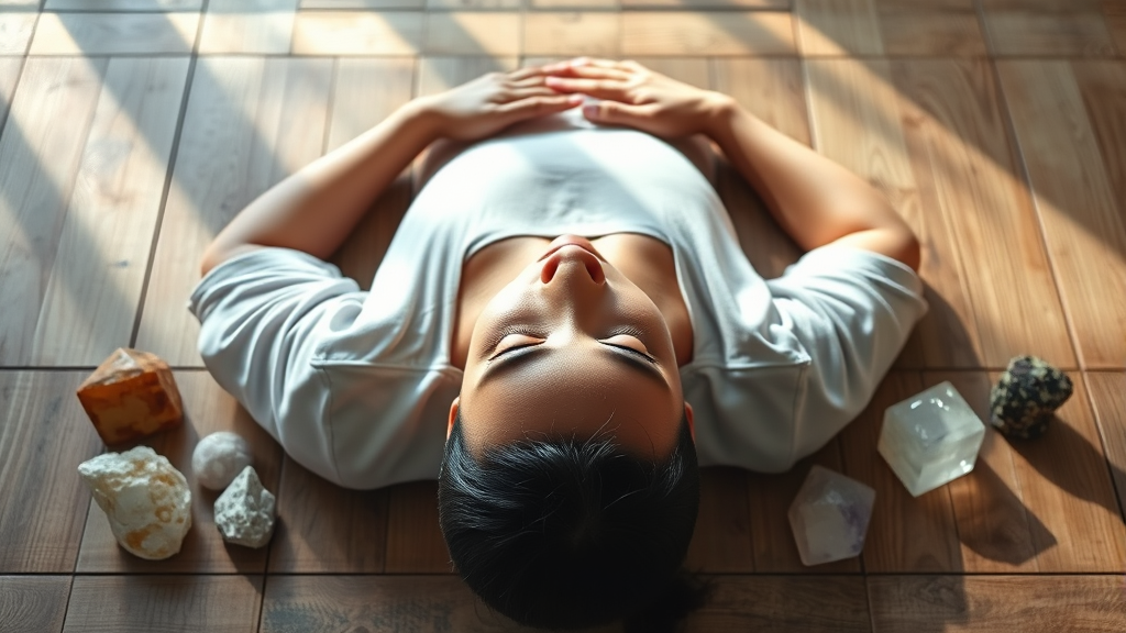 Peaceful person lying on wooden surface surrounded by soft natural light and healing crystals representing spinal wellness and pain relief no text no words no letters