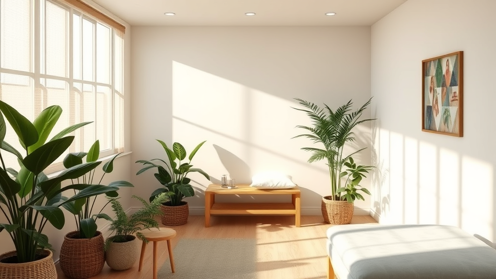 Serene therapy room with gentle lighting and plants creating calm healing environment for back pain treatment no text no words no letters