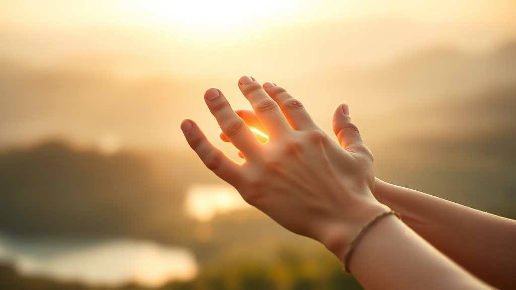 Gentle healing hands over serene landscape with soft golden light representing holistic wellness and therapeutic touch no text no words no letters