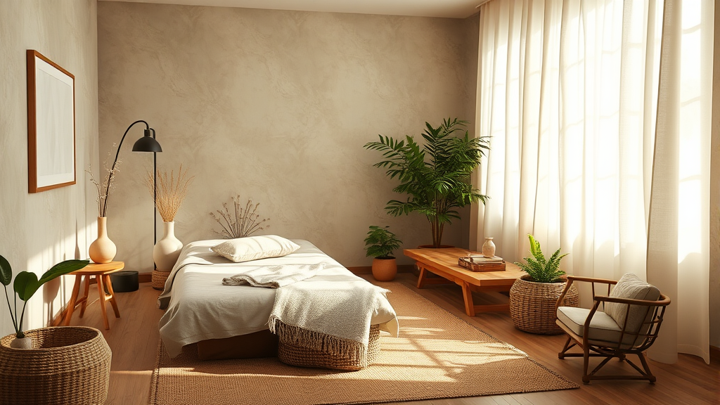 Peaceful therapy room with natural lighting soft textures and calming earth tones creating healing sanctuary atmosphere no text no words no letters