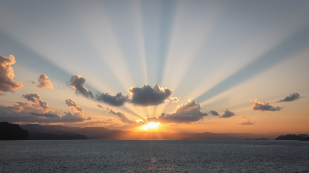 Serene sunrise breaking through clouds over calm lake, soft golden light, peaceful transformation, healing energy, no text no words no letters