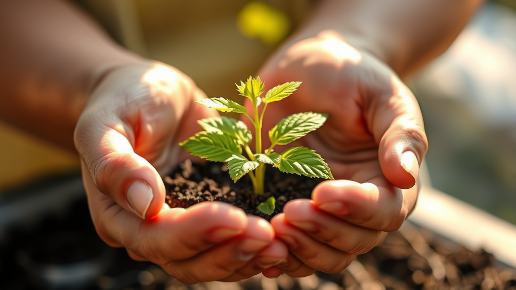 Gentle hands cupping growing plant in sunlight, nurturing growth, therapeutic healing, warm natural colors, no text no words no letters