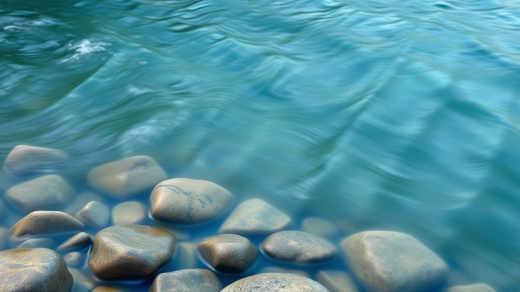 Abstract flowing water over smooth stones, continuous movement, healing journey, tranquil blues and greens, no text no words no letters