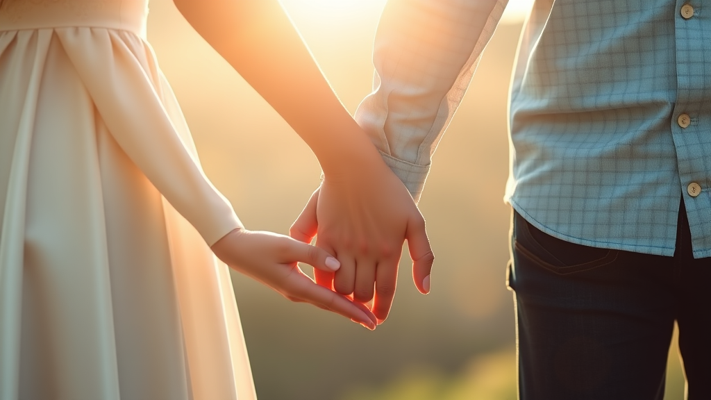 Couple holding hands in soft natural lighting with calming blue and green tones representing hope and healing no text no words no letters