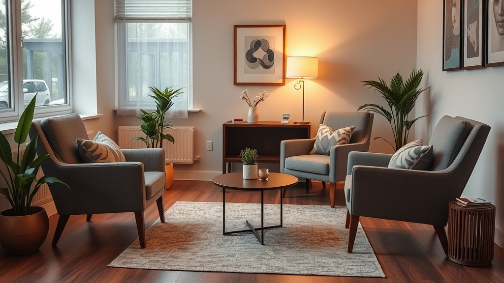 Peaceful therapy office setting with comfortable chairs and warm lighting creating safe supportive atmosphere no text no words no letters