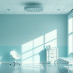 Peaceful healthcare setting with soft natural lighting, calming blue and green tones, representing wellness and recovery, no text no words no letters