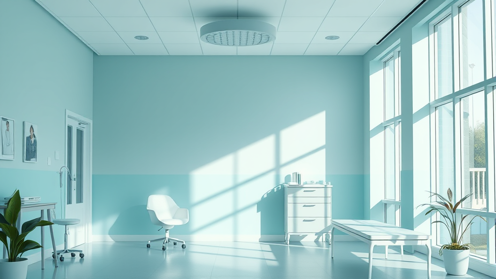 Peaceful healthcare setting with soft natural lighting, calming blue and green tones, representing wellness and recovery, no text no words no letters