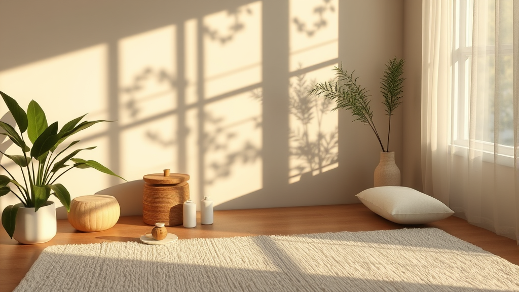 Tranquil therapy environment with natural elements, soft shadows and warm light, conveying comfort and professional care, no text no words no letters