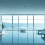 Serene coastal wellness center with soft natural lighting and calming blue tones representing health and vitality, no text no words no letters