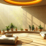 Serene wellness spa interior with soft natural lighting, calming earth tones, peaceful atmosphere representing health and vitality, no text no words no letters