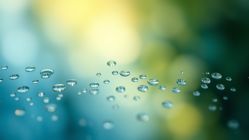 Tranquil nature scene with gentle water droplets, representing purity and wellness, soft morning light, calming blues and greens, no text no words no letters