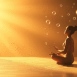 Peaceful meditation scene with soft golden light and floating abstract elements representing mind transformation no text no words no letters