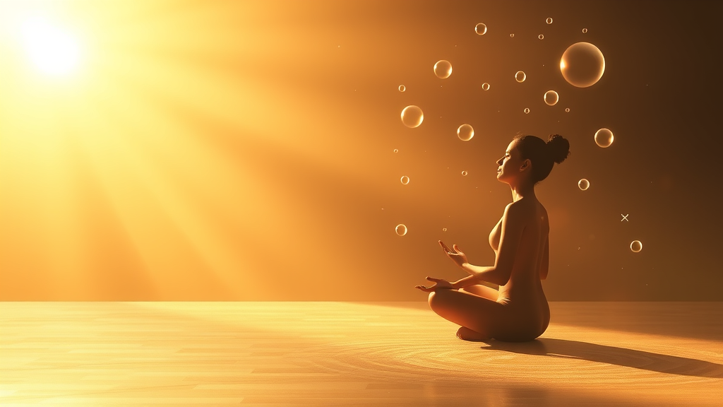 Peaceful meditation scene with soft golden light and floating abstract elements representing mind transformation no text no words no letters