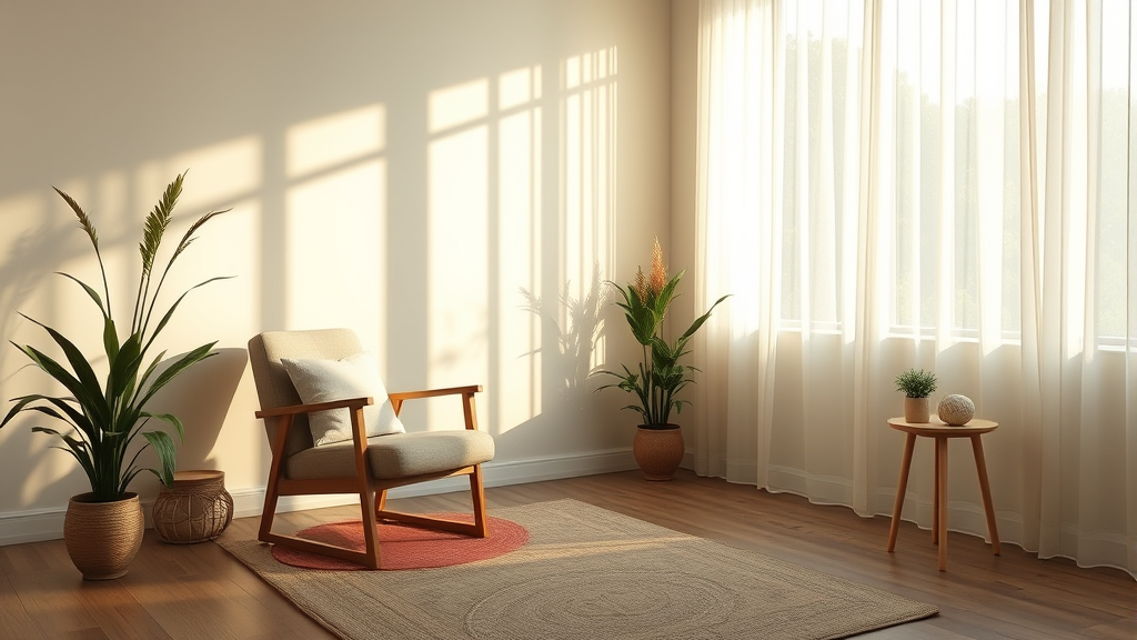 Serene therapy room with comfortable chair and gentle natural lighting creating calming atmosphere no text no words no letters
