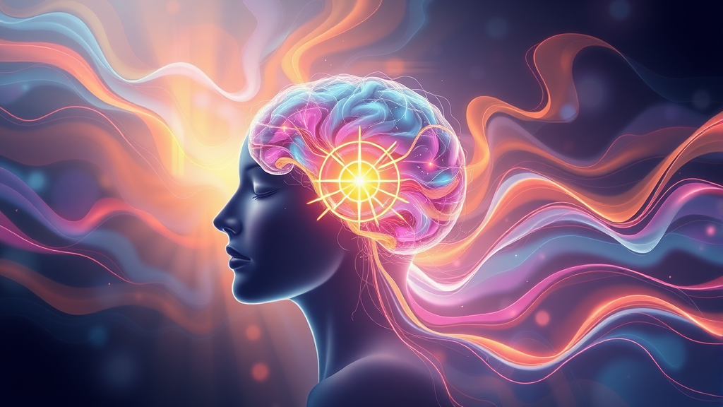 Abstract representation of mind healing with flowing energy and peaceful colors suggesting inner peace no text no words no letters