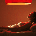 Serene person relaxing under warm therapeutic red light in peaceful wellness setting, soft natural lighting, calming atmosphere, no text no words no letters