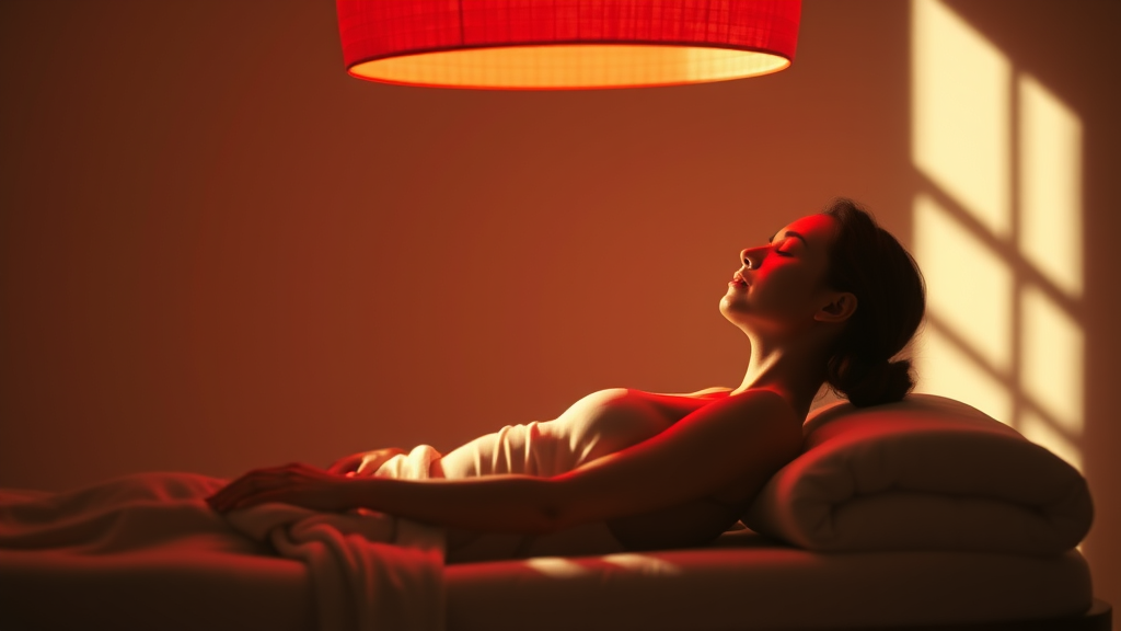 Serene person relaxing under warm therapeutic red light in peaceful wellness setting, soft natural lighting, calming atmosphere, no text no words no letters