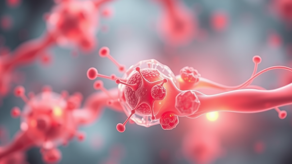 Abstract representation of cellular healing and regeneration with gentle red and amber glows, peaceful energy flow, soft focus, no text no words no letters