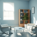 Serene medical consultation room with soft natural lighting, calming blue tones, peaceful atmosphere, no text no words no letters