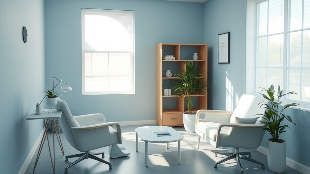 Serene medical consultation room with soft natural lighting, calming blue tones, peaceful atmosphere, no text no words no letters